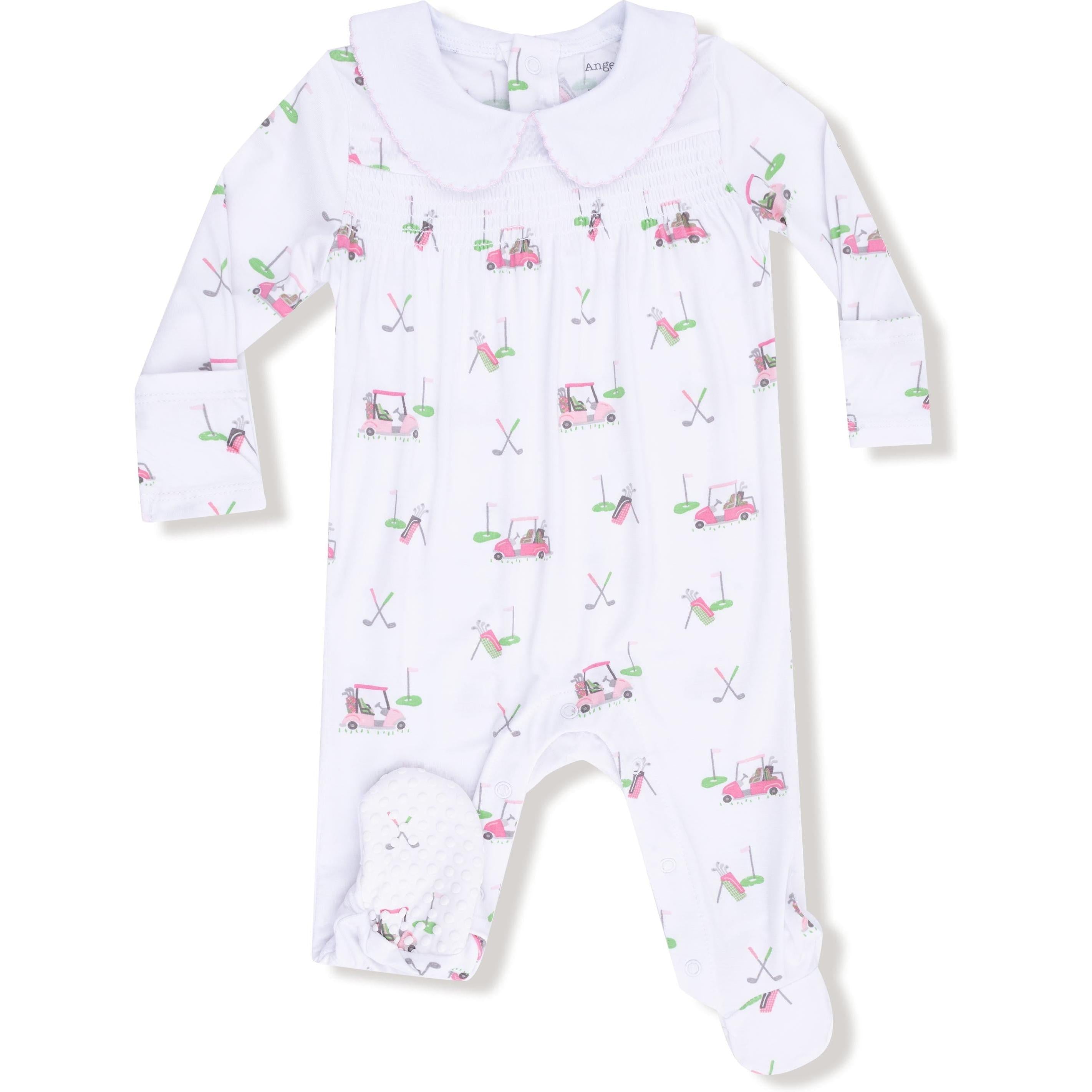 Angel Dear Baby Golf Carts Pink Smocked Peter Pan Snap Footie