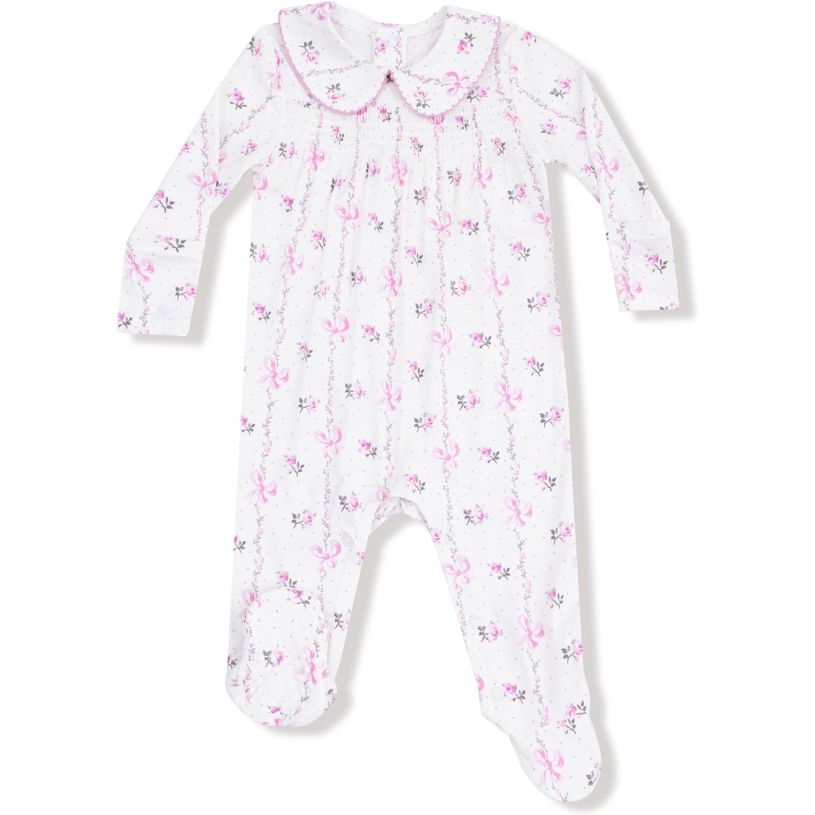 Angel Dear Dainty Buds And Bows Stripe Smocked Peter Pan Snap Footie