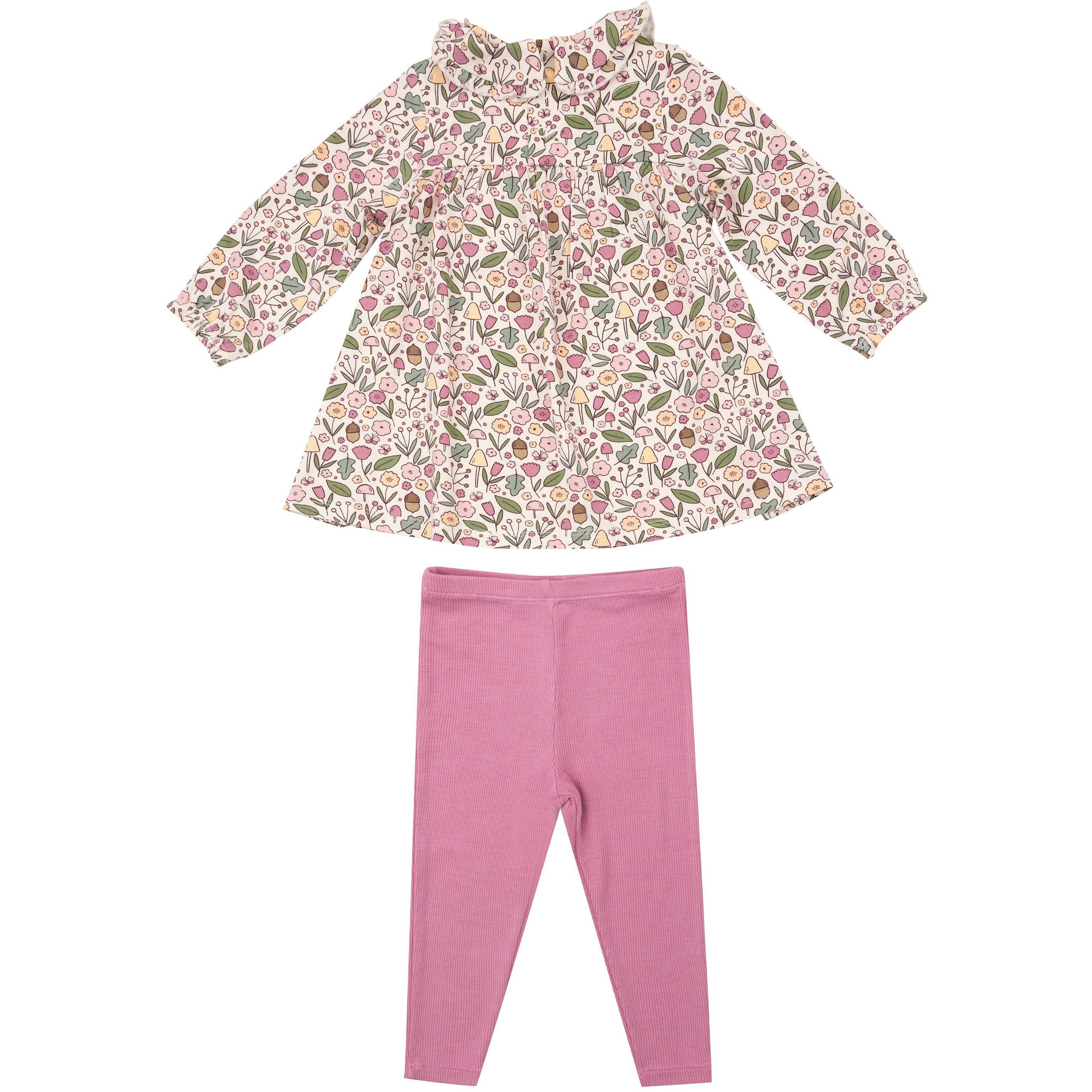 Angel Dear Acorn Floral Peter Pan Ruffle Collar Dress and Ribbed Leggings