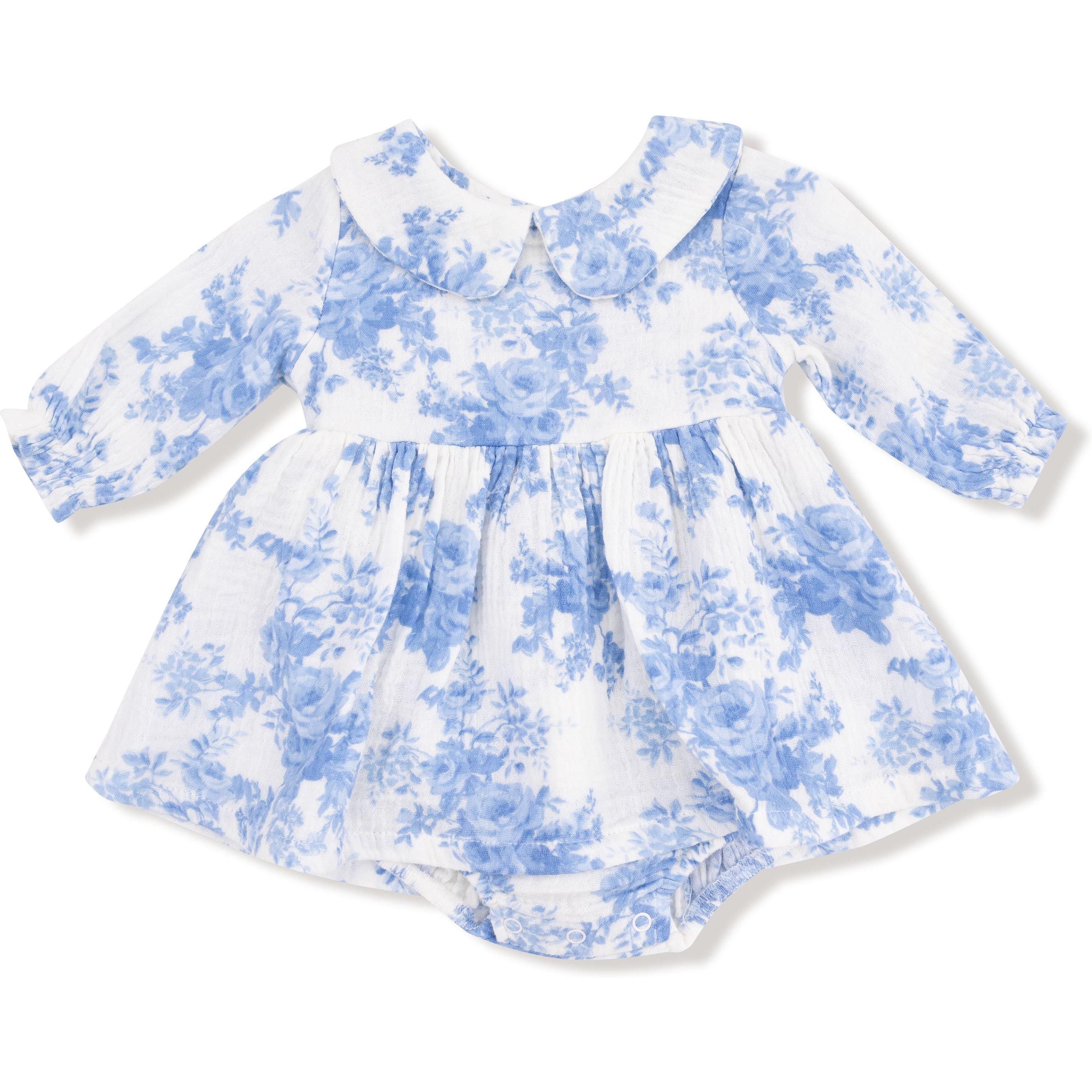 Angel Dear Dream Cottage Floral Blue Long Sleeve Peter Pan Collar Bubble with Skirt