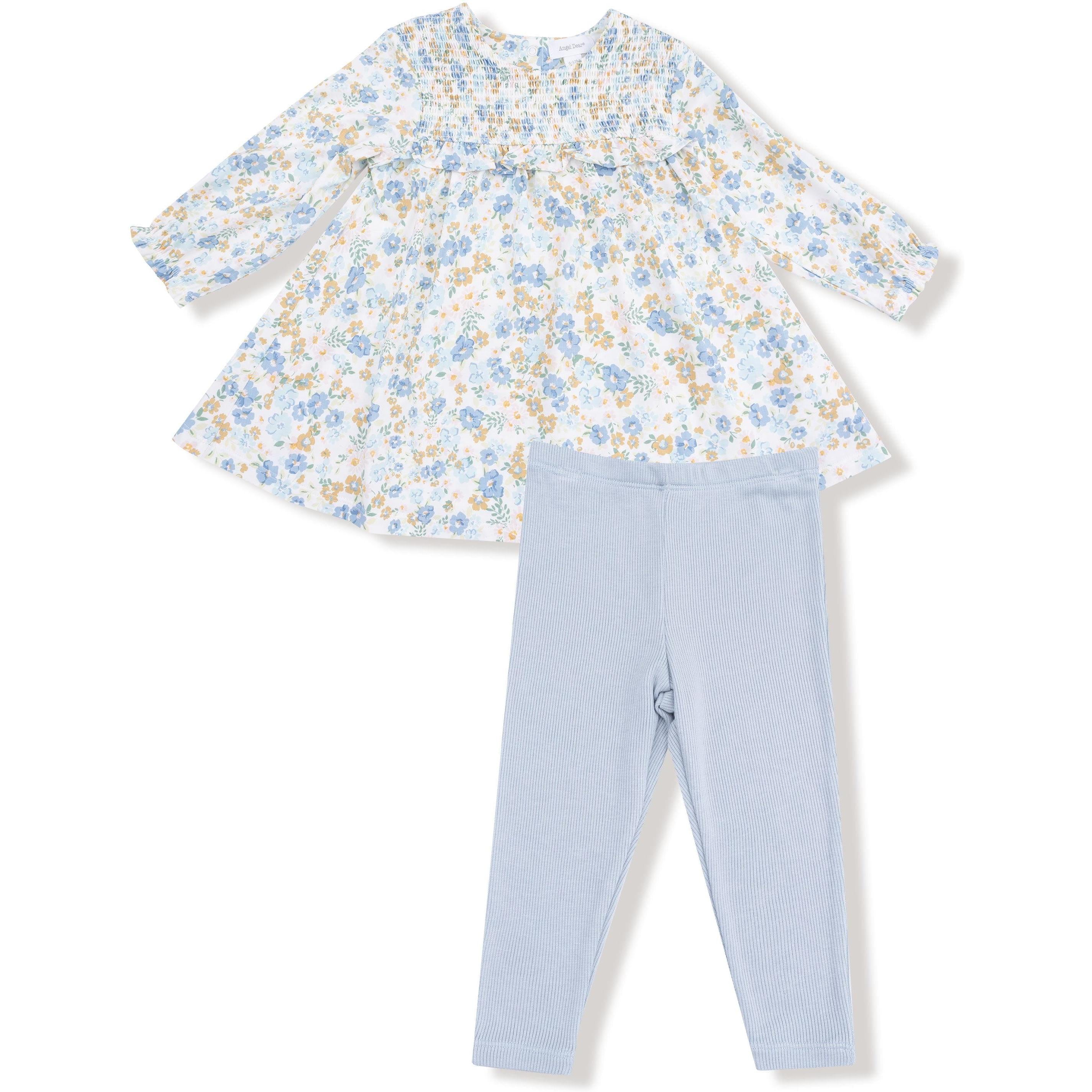 Angel Dear Sweet Rose Calico Smocked Ruffle Long Sleeve Dress + Ribbed Legging