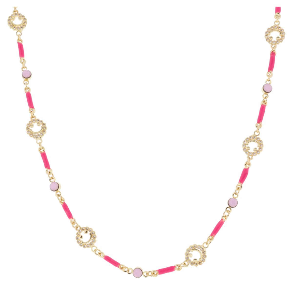 Jane Marie Kids Mini Hot Pink Enamel Bars with Pink Moonstone Crystals and Mini Heart Eyed Happy Face Links Necklace, .15", .35" Pendants