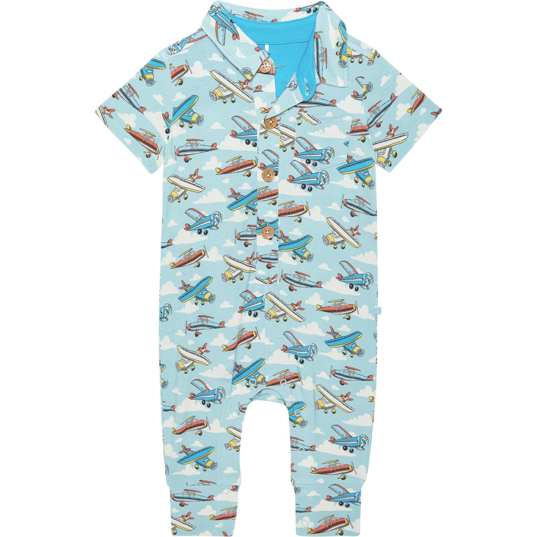 Posh Peanut Posh Planes Short Sleeve Collared Henley Long Romper