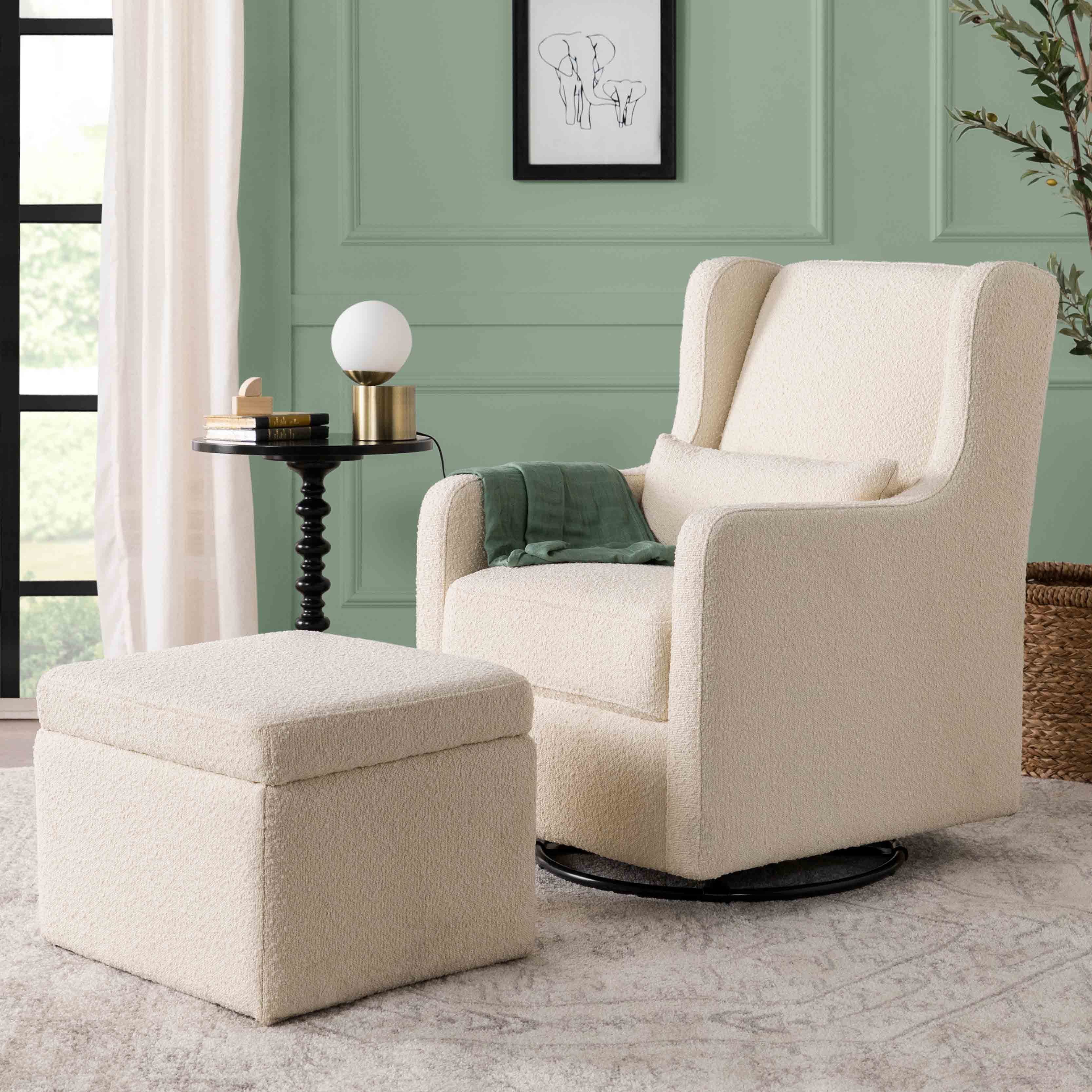DaVinci Adrian Swivel Glider with Storage Ottoman | Ivory Boucle fabric