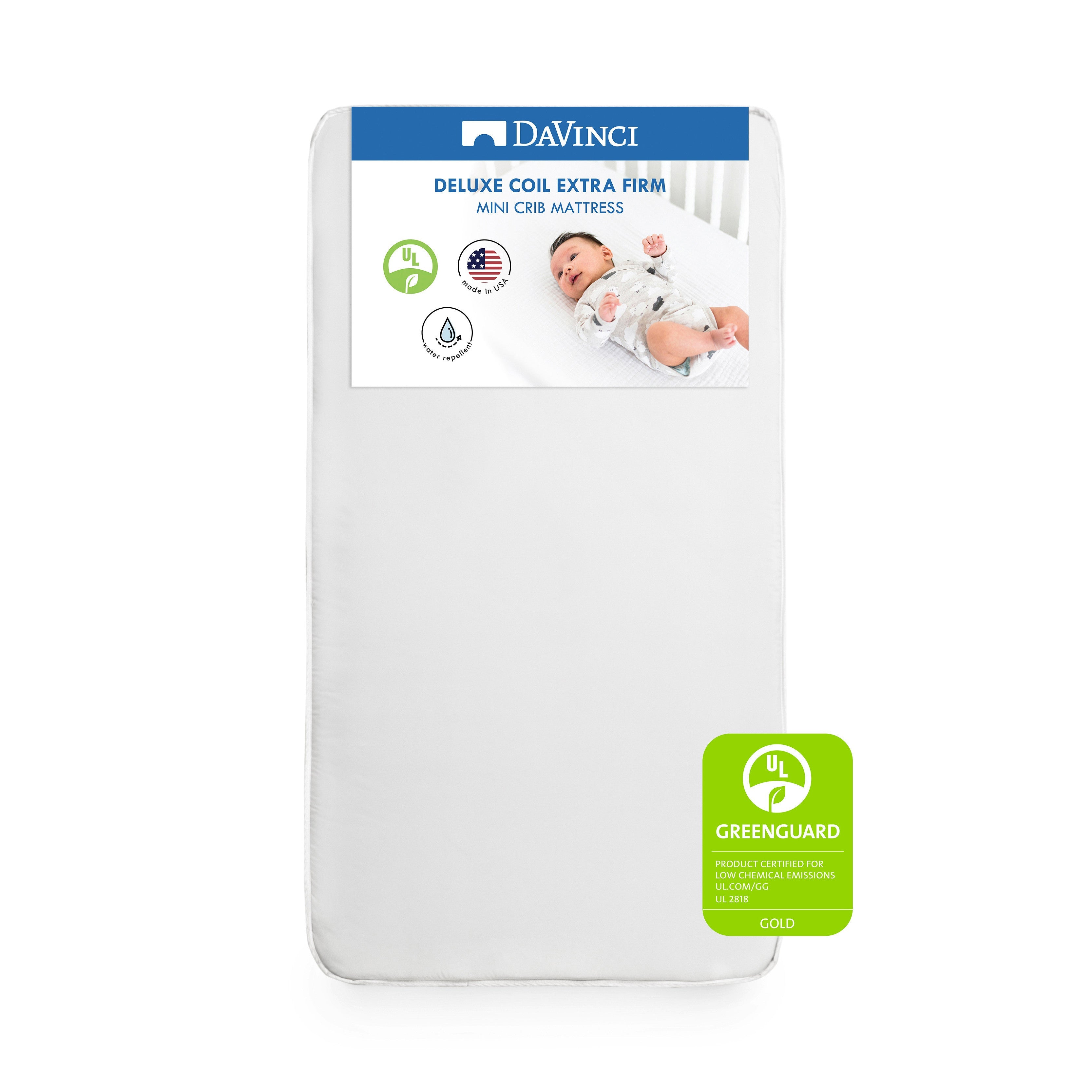 DaVinci Deluxe Coil Firm Support Mini Crib Mattress | GREENGUARD Gold Certified | Lightweight | Waterproof
