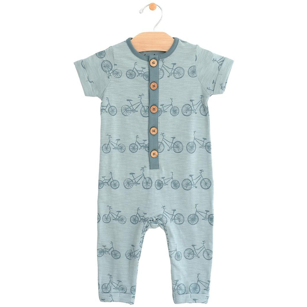 City Mouse Long Button Romper - Bikes