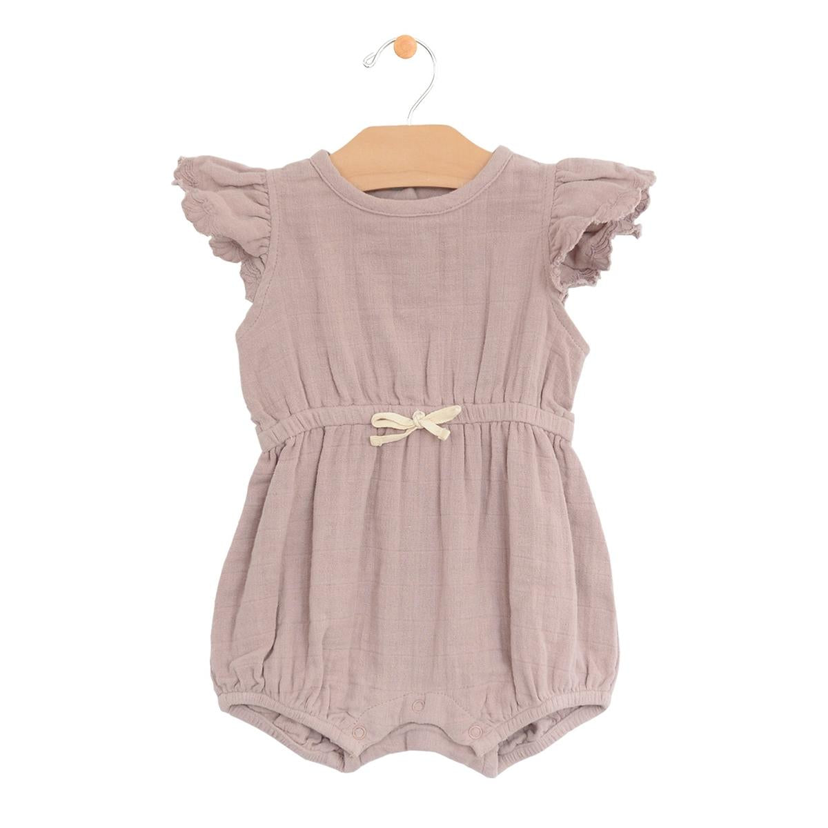 City Mouse Muslin Waist Tie Romper - Dusty Mauve