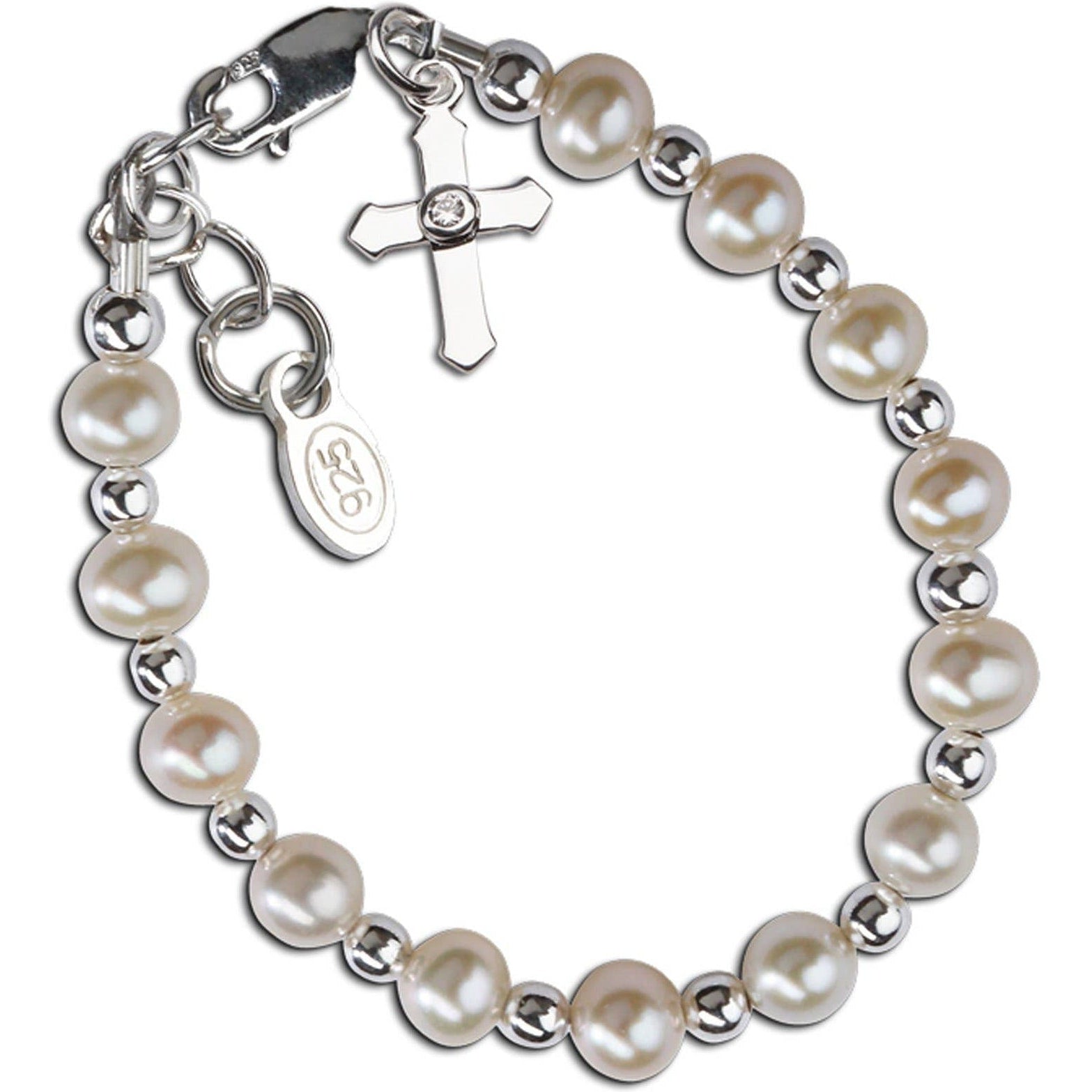 Cherished Moments Sterling Silver Freshwater Pearl Cross Baptism Bracelet