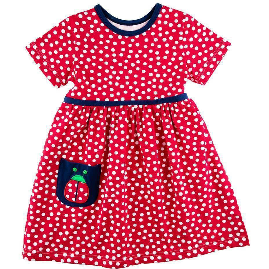 Florence Eiseman Red Polka Dot Print Knit Short Sleeve Dress With Ladybug Pocket