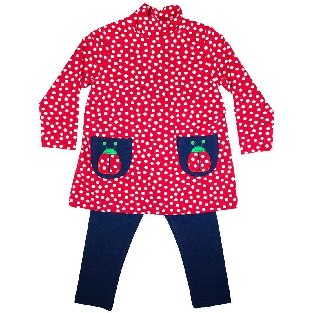 Florence Eiseman Red Polka Dot Print Knit Tunic with Ladybug Pockets & Navy Leggings
