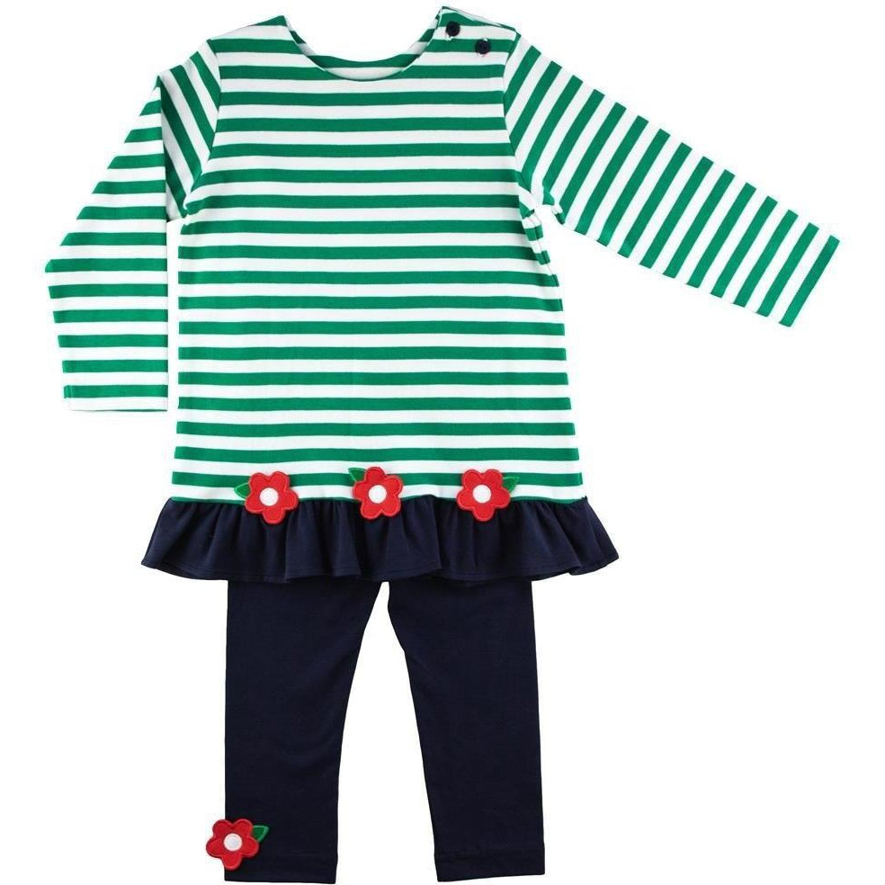 Florence Eiseman Green & White Stripe Knit Tunic + Legging with Flowers