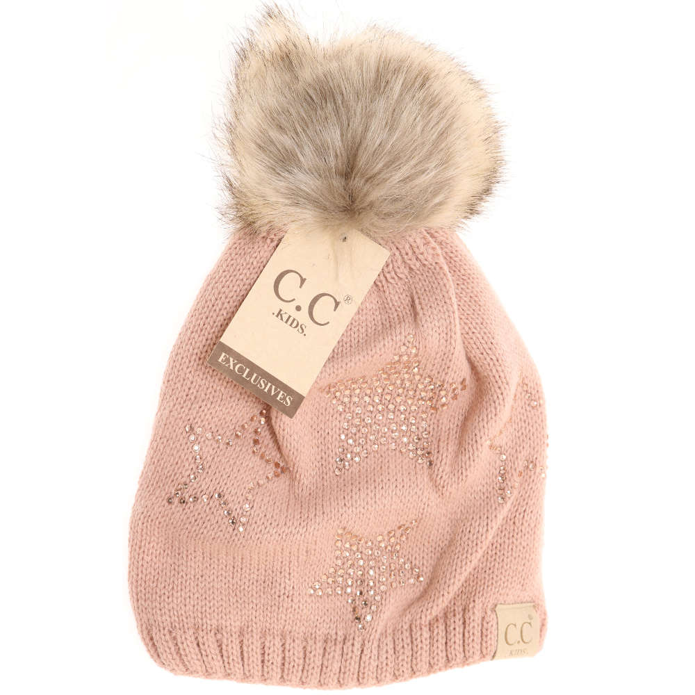CC Beanie Rhinestone Star Fur Pom Beanie Indie Pink