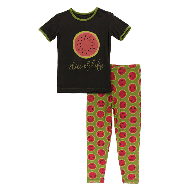 Short Sleeve Piece Print Pajama Set in Grasshopper Watermelon by Kickee Pants
