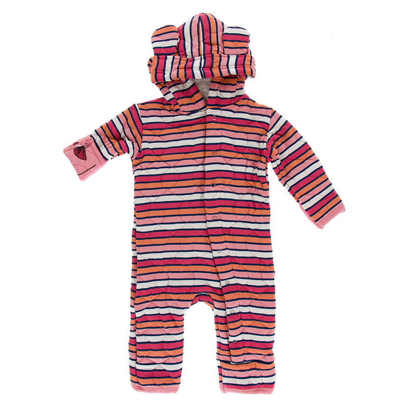 Print Quilted Hoodie Coverall with Sherpa-Lined Hood in Botany Red Ginger Stripe/Strawberry Poppies by Kickee Pants