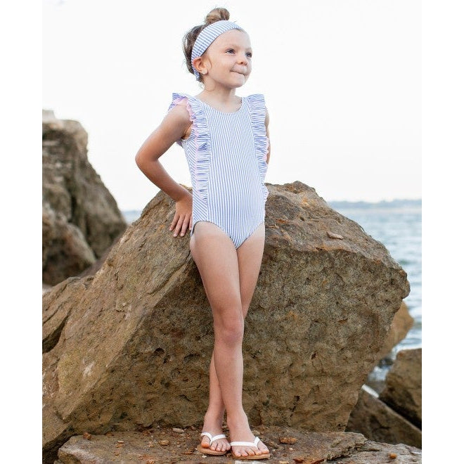 RuffleButts Periwinkle Blue Seersucker Waterfall One Piece
