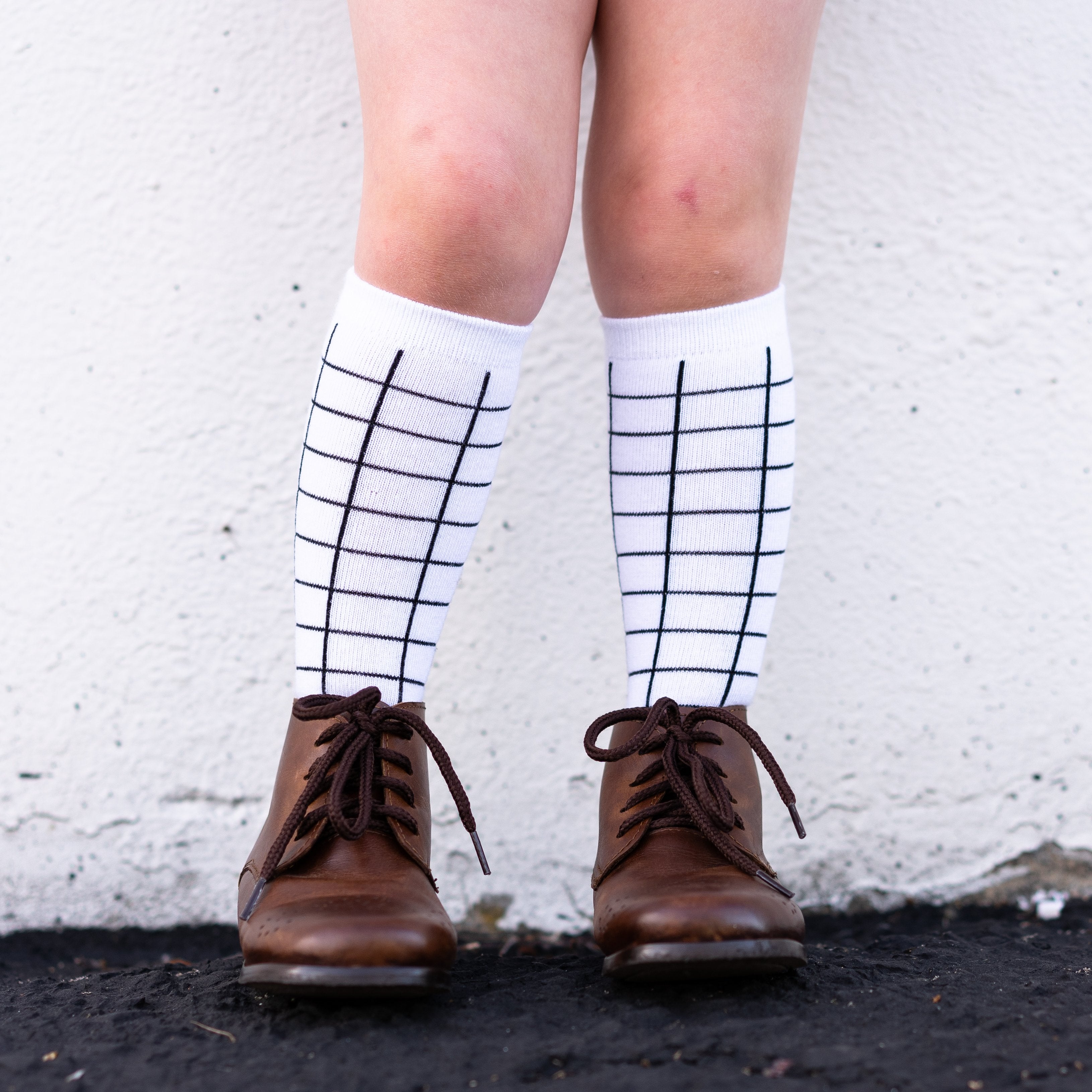 Little Stocking Co. White + Black Grid Knee Highs