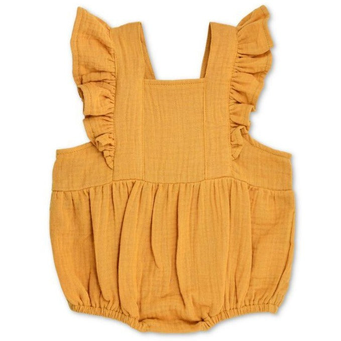 Apple Park Muslin Ruffle Romper with Ties | Mustard