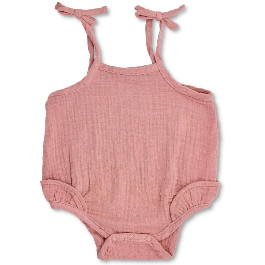 Apple Park Muslin Ruffle Romper With Ties | Terra Cotta